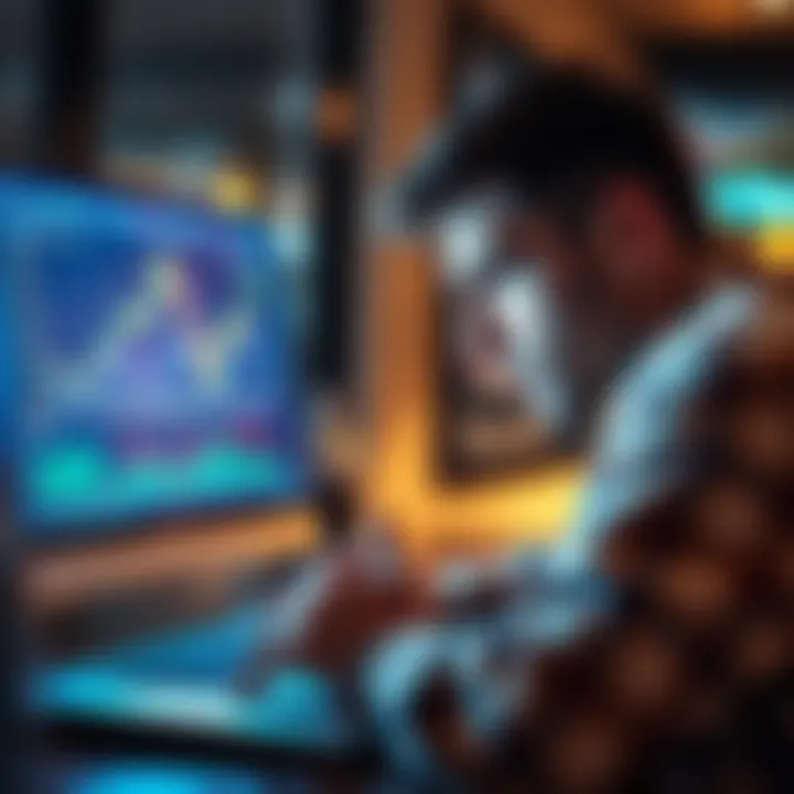 An unemployed individual looking at a laptop screen displaying cryptocurrency prices and charts, reflecting on investment options with a worried expression.