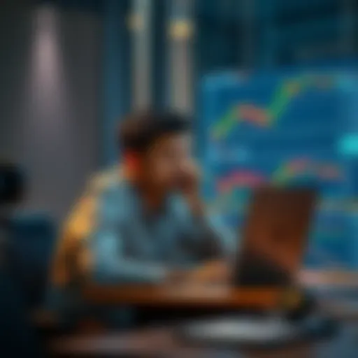 A person sitting at a desk, looking worried while viewing cryptocurrency charts on a laptop, symbolizing the dilemma of a banned off-ramp for digital currencies.