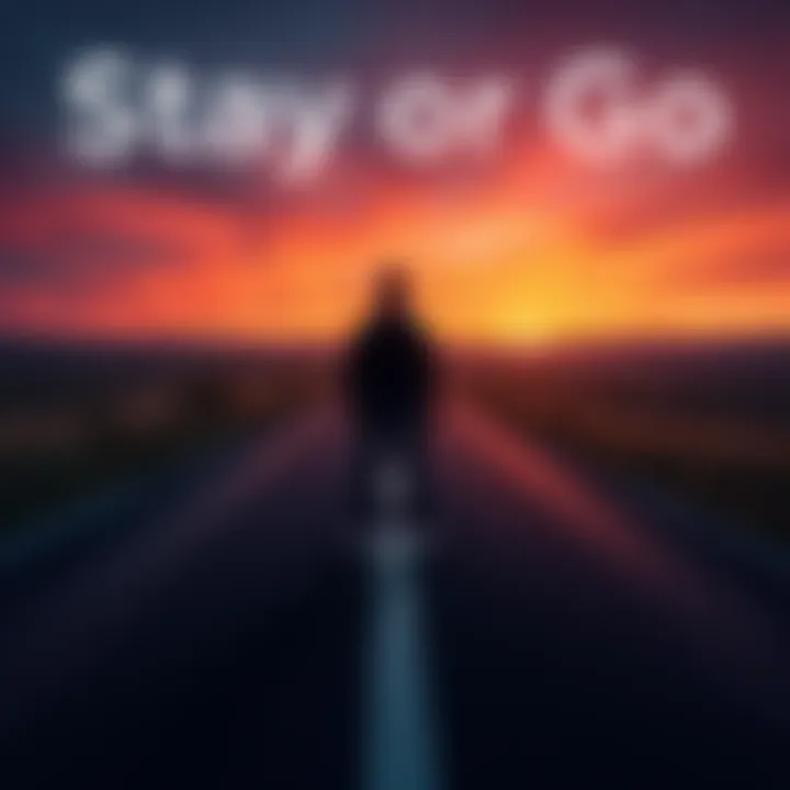 A person contemplating at a fork in the road, symbolizing the decision to stay or go in life situations.
