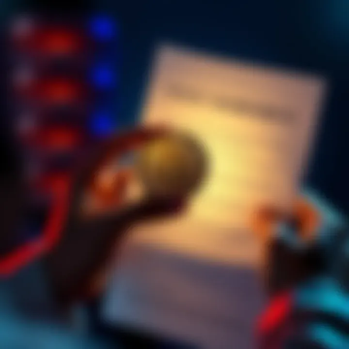 A person examining a Bitcoin while holding a loan agreement, symbolizing the decision to borrow for investment