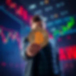 Individual standing with a Bitcoin symbol in hand, displaying a concerned expression as they overlook financial charts and warnings from friends.