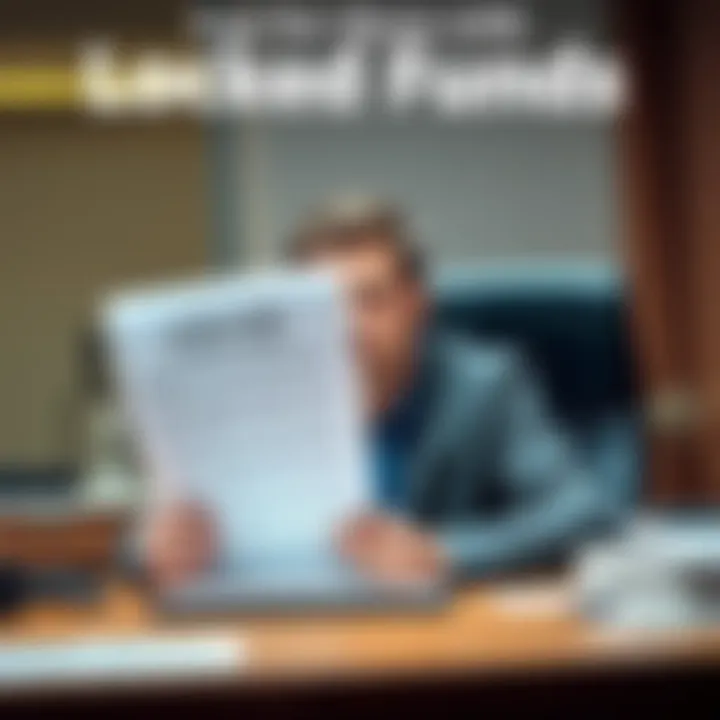 A person sitting at a desk with a concerned expression while holding a legal document about locked funds.