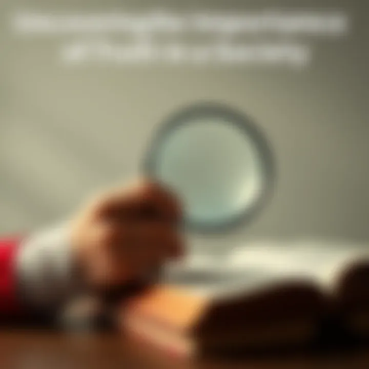 A person examines a book with a magnifying glass, symbolizing the search for truth in society.