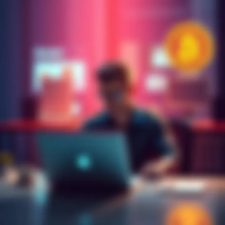 A person sitting at a desk with a laptop and a Bitcoin symbol, showing commitment to investing $1 daily.