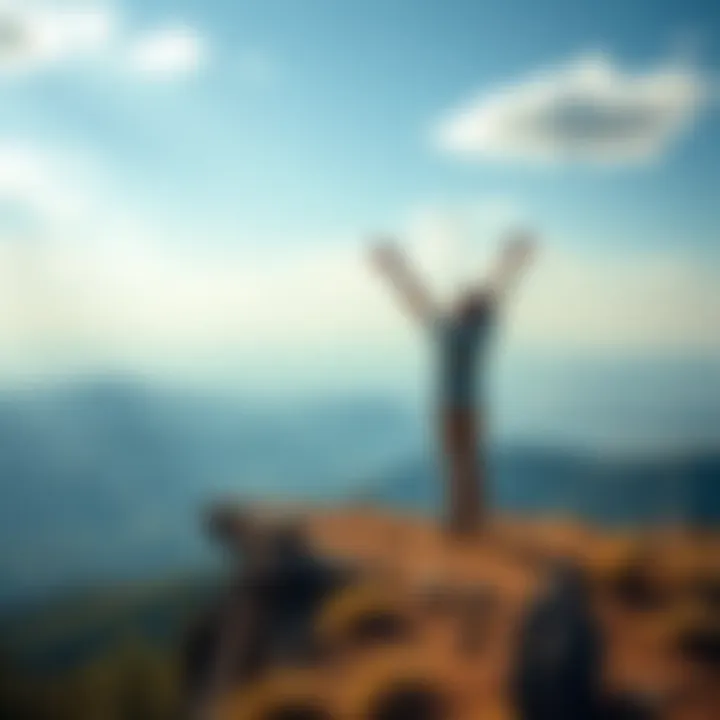 Person Laughing at a Change of View A person standing on a hilltop with arms raised, laughing while looking at a changing landscape below, symbolizing shifting perspectives in life.
