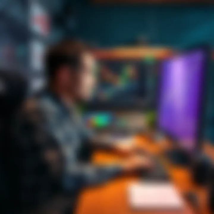 A person sitting at a desk, staring at a computer screen displaying cryptocurrency charts, appearing bored and restless.