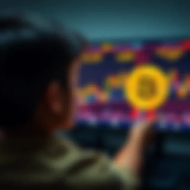 A young person staring at a screen displaying Bitcoin price charts, showing feelings of regret and longing for missed opportunities in cryptocurrency investments.