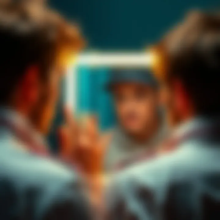 Individual gazing at their reflection, contemplating identity and self-awareness.