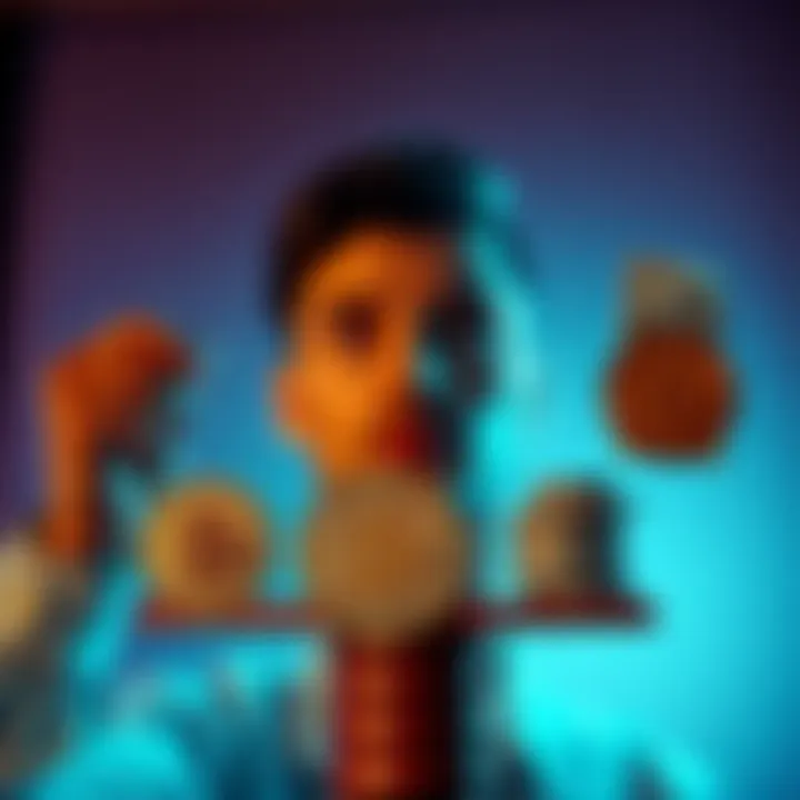 A person balancing Bitcoin on one side and cash on the other, looking thoughtful about financial decisions