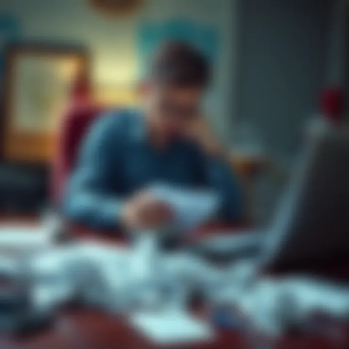 A person sitting at a desk, looking thoughtfully at a notepad, surrounded by crumpled papers and a laptop, representing the struggle of making decisions based on advice.