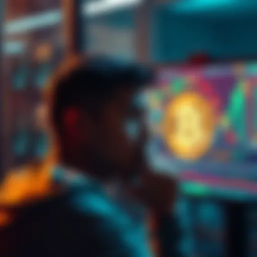 A thoughtful individual looking at a computer screen displaying Bitcoin graphics, symbolizing curiosity about cryptocurrency.