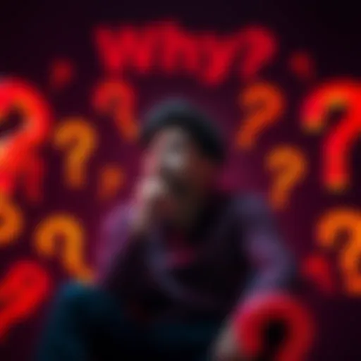 A person sitting with a thoughtful expression, surrounded by question marks, symbolizing curiosity and inquiry in today's world.