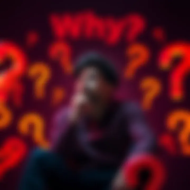 A person sitting with a thoughtful expression, surrounded by question marks, symbolizing curiosity and inquiry in today's world.