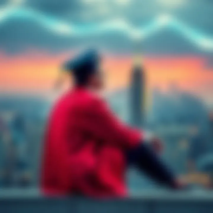 A law school graduate sitting alone, looking contemplative with a backdrop of a city skyline, symbolizing regret over not investing in Bitcoin.