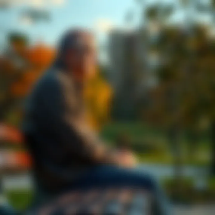 A 42-year-old individual sitting on a park bench, looking contemplative while surrounded by nature, symbolizing the struggle with life's challenges and the search for hope.