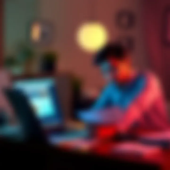 An individual sitting at a desk, looking stressed while reviewing IRS tax documents and a laptop with crypto-related graphics on the screen.