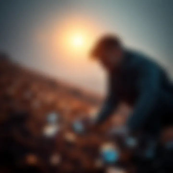 A determined individual examining the ground for hidden diamonds under the sunlight