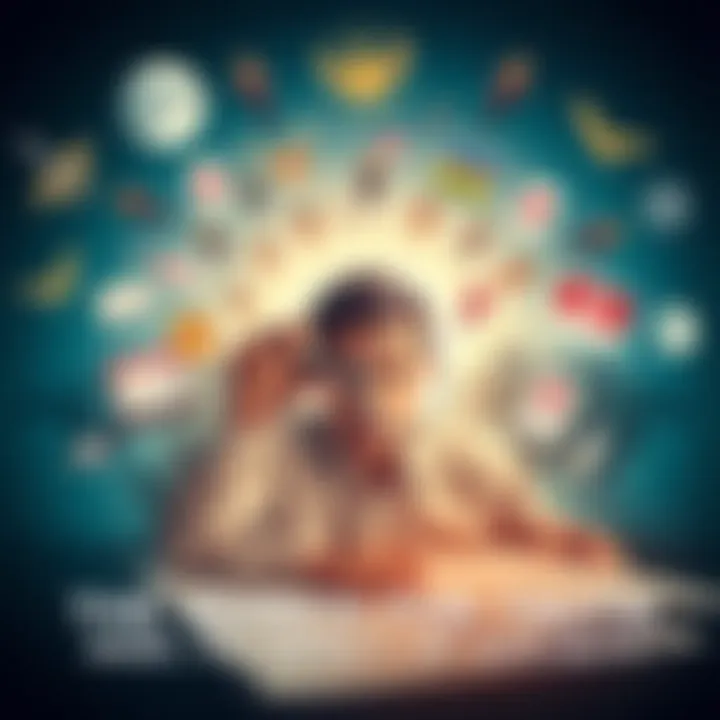 Person seeking truth A person searching for truth, holding a magnifying glass and looking at documents surrounded by various symbols of society