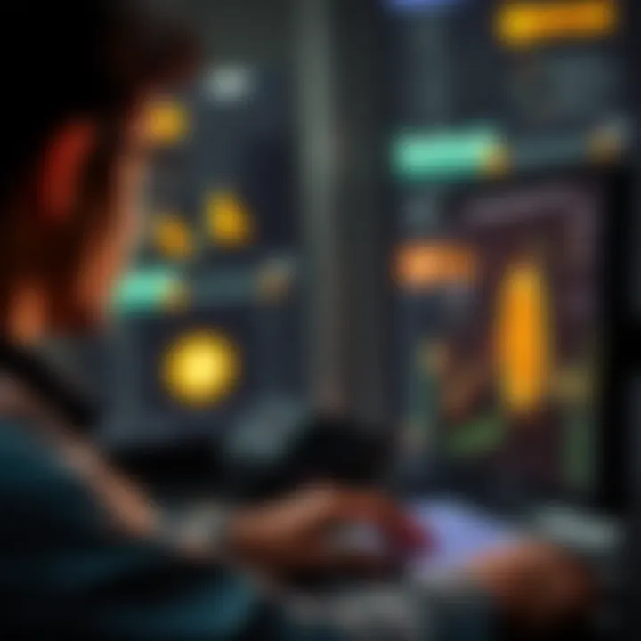 Individual looking at a computer screen while selling Bitcoin to pay bills