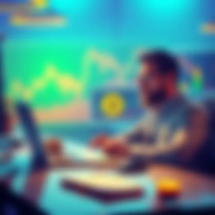 A person sitting at a desk with a laptop, looking at Bitcoin charts and planning to sell cryptocurrency