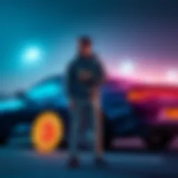 Person Selling Car for Bitcoin A person stands next to a car with a Bitcoin logo, holding a cash stack, contemplating their investment decision.