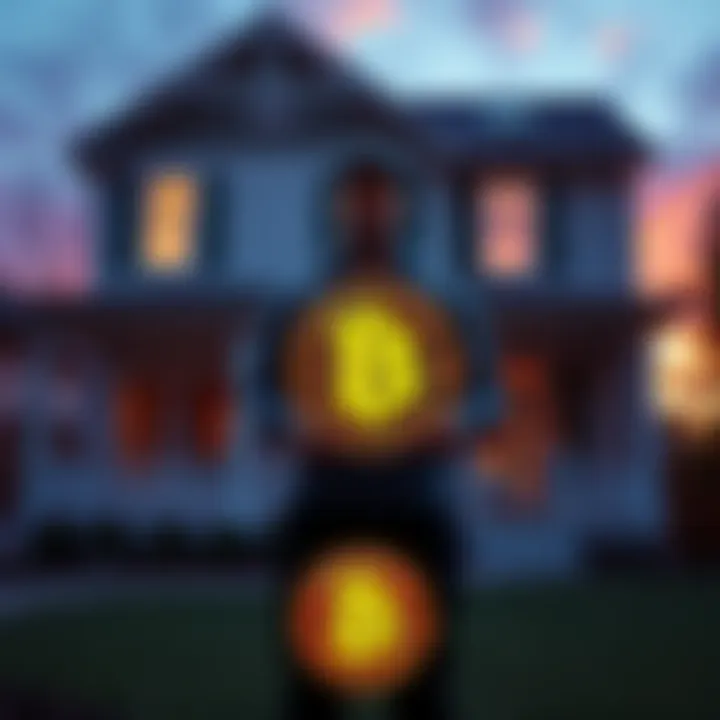 A person standing in front of a house holding a Bitcoin symbol, showing their decision to sell their home to invest in cryptocurrency.