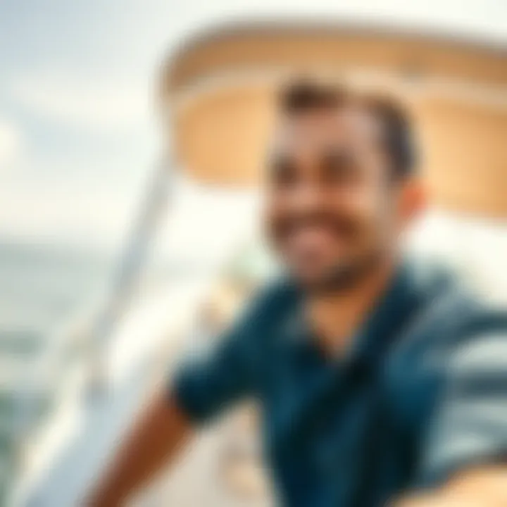 Smiling individual enjoying their new boat purchase, with a sunny backdrop and water
