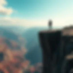 A person gazing over a cliff into the vast valley below, contemplating a leap into the unknown, symbolizing risk-taking and personal growth.