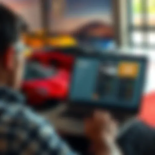 A person looks at different investment options on a laptop, with an image of luxury cars in the background, symbolizing a shift from luxury car dreams to realistic financial choices.