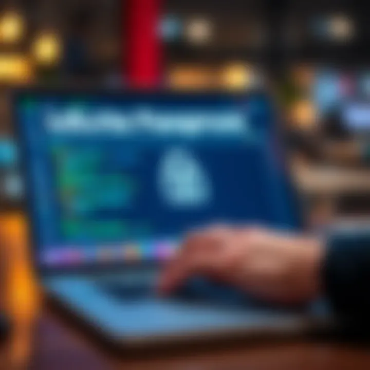 A person entering a passphrase on a laptop with a padlock symbol displayed on the screen, symbolizing security