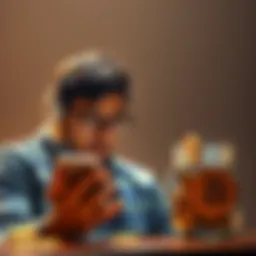 Individual looks concerned while checking Bitcoin prices on a smartphone, with savings jar in the background