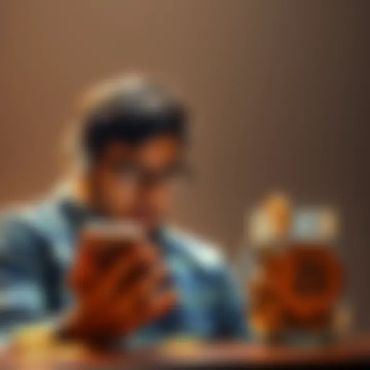 Individual looks concerned while checking Bitcoin prices on a smartphone, with savings jar in the background