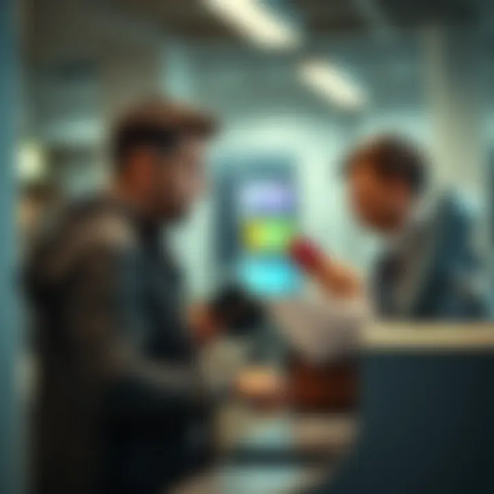 Individual talking to a bank teller while holding a passport and a lost card report