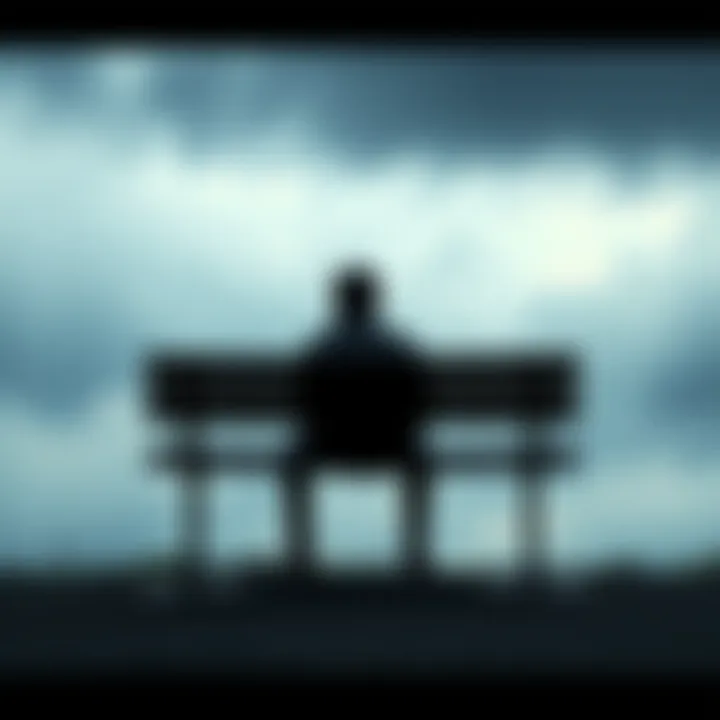 A solitary figure sits on a bench under gray skies, reflecting on loss and sadness.