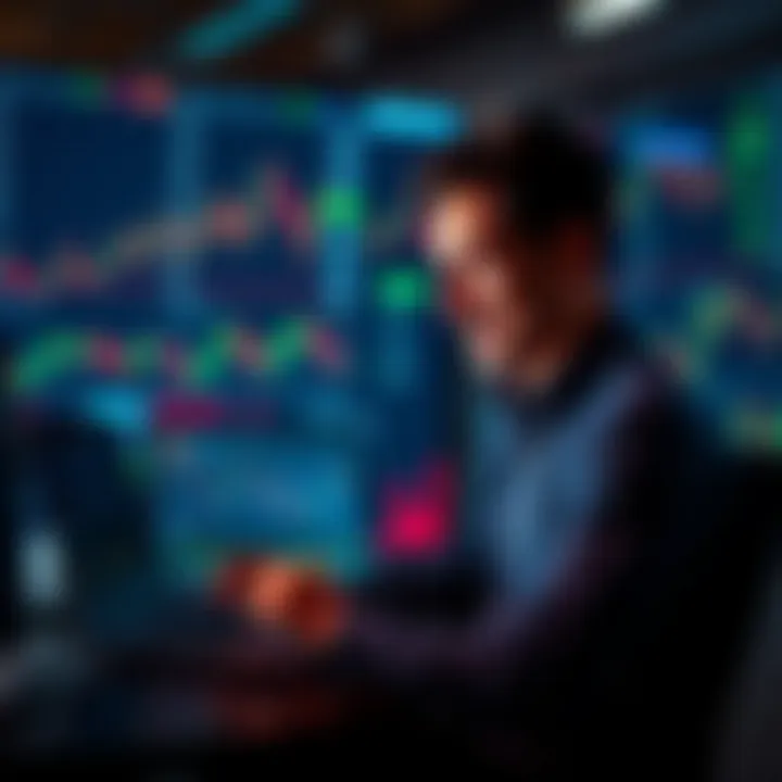 A person looking at stock market data on a laptop, surrounded by charts and graphs, looking amused at the market reaction.
