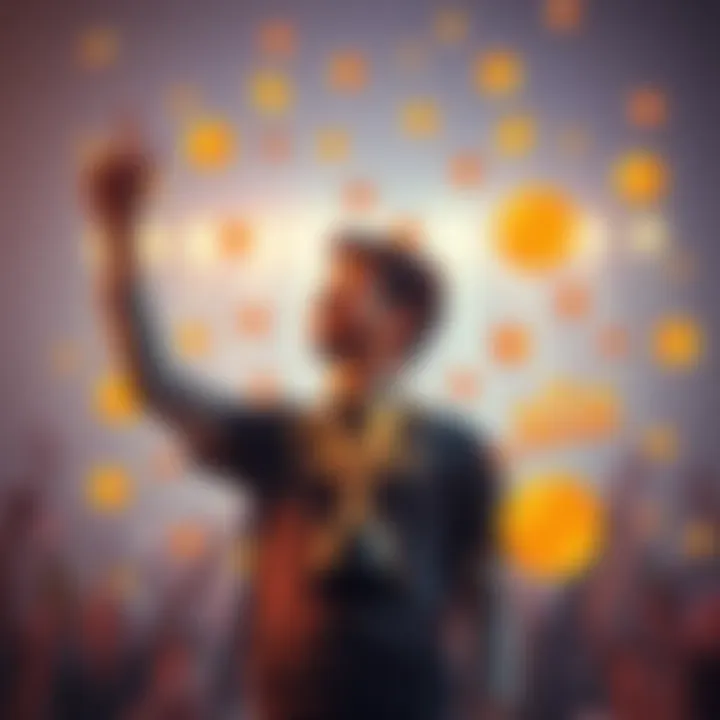 A person with a trophy in hand looks happy while surrounded by achievement icons, symbolizing success in reaching goals.
