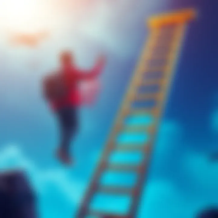 Person climbing a ladder with a financial plan in hand A person holding a financial plan while climbing a challenge ladder, symbolizing completing tasks without traveling or shopping