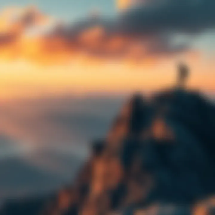 A person climbing a steep mountain, symbolizing the journey towards success and overcoming challenges.