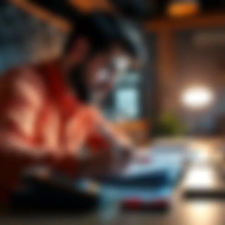 A person focused at their desk, writing notes with a determined look, illustrating dedication to their goals.