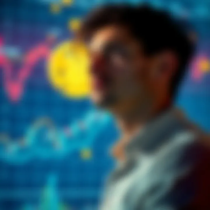 A hopeful individual gazes at a chart showing Bitcoin price rising, symbolizing dreams of wealth and financial freedom