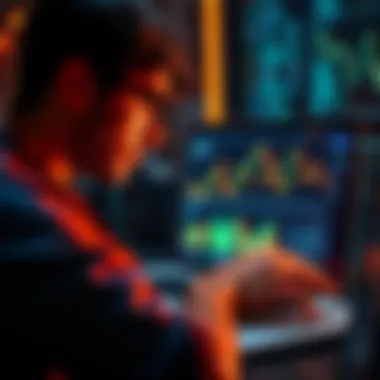 A person studying cryptocurrency on a laptop with charts and graphs visible on the screen, looking focused and determined.