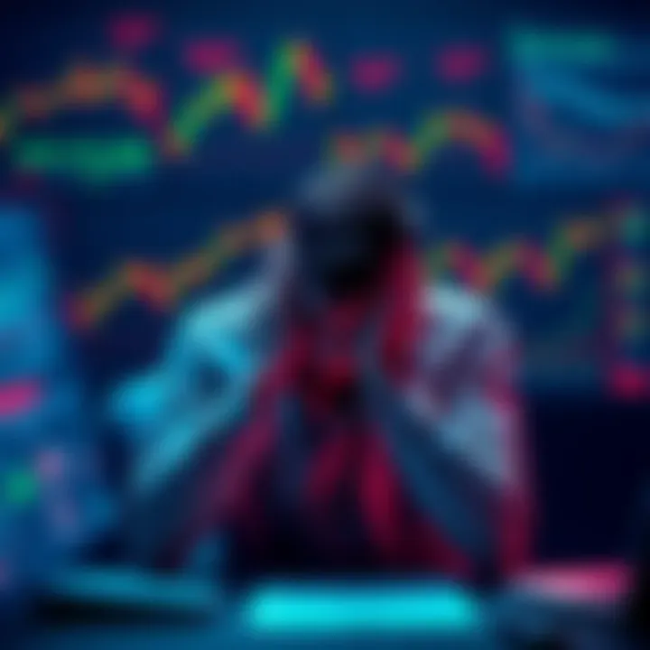 Person feeling overwhelmed by crypto Individual sitting at a desk, head in hands, surrounded by charts and graphs of cryptocurrency prices, reflecting stress and burnout from market volatility.