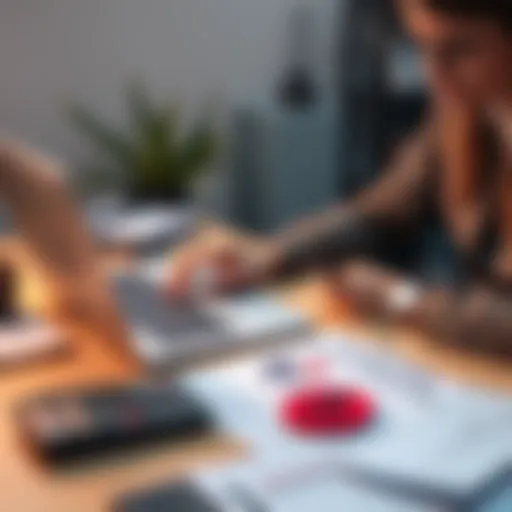 A person sitting at a desk, using a laptop to file taxes, surrounded by cryptocurrency documents and a calculator