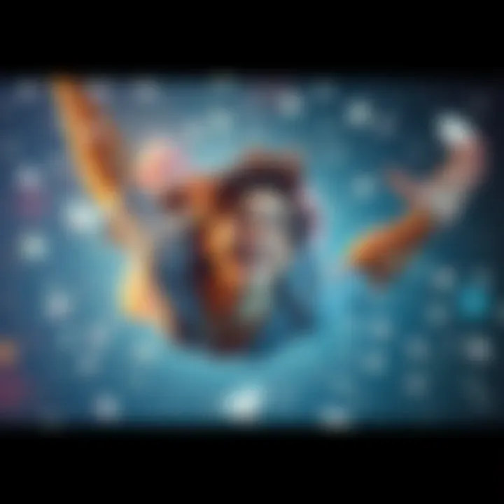 A person smiling while floating in the sky, surrounded by sparkling diamonds