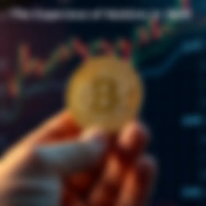 Person holding a Bitcoin A close-up of a person holding a physical Bitcoin with a graph showing market trends in the background.