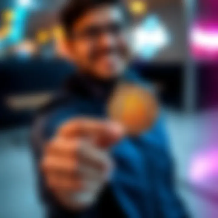 Individual excitedly showing a physical Bitcoin coin in their hand
