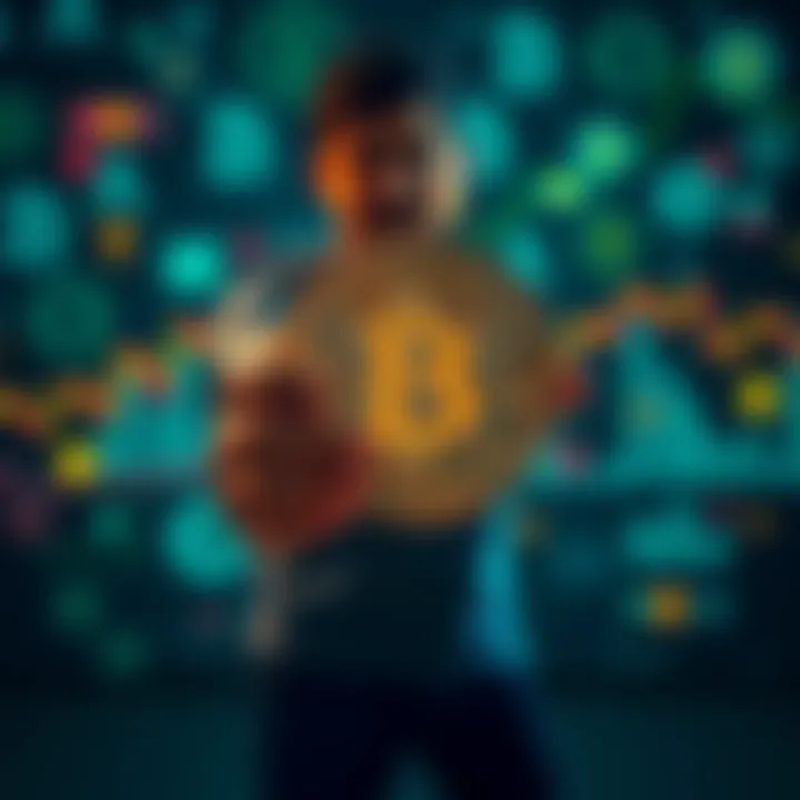 A person stands confidently, holding a Bitcoin symbol against a backdrop of digital currency graphics, representing their commitment to Bitcoin as a store of value.