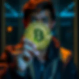 Individual looking determined while holding a Bitcoin symbol, reflecting their commitment to investing in cryptocurrency during market challenges.