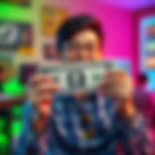 An individual excitedly holding their first dollar bill, smiling and looking hopeful about earning more money, with a colorful background of a discussion forum.