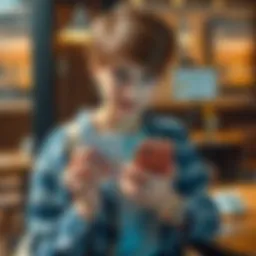 A person with short hair, dressed in casual feminine clothing, holding a Revolut card while looking at a smartphone in a coffee shop.